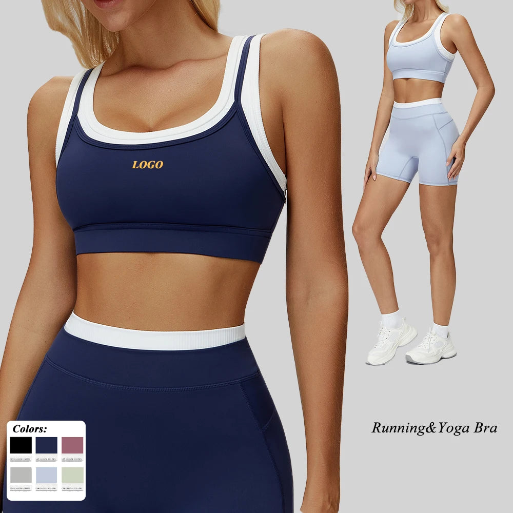 Women's Soft Contrast Color Sports Bra Ribbed Extended Hem Yoga Tops With Removable Pad U-neck Yoga Bra for Yoga & Running