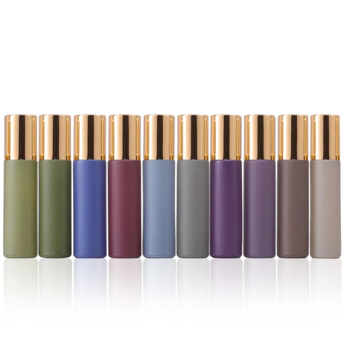 New Arrival Cosmetic Packaging Morandi Color 5ml 10ml Refillable Empty Roll on Glass Bottle with Glossy Gold Cover