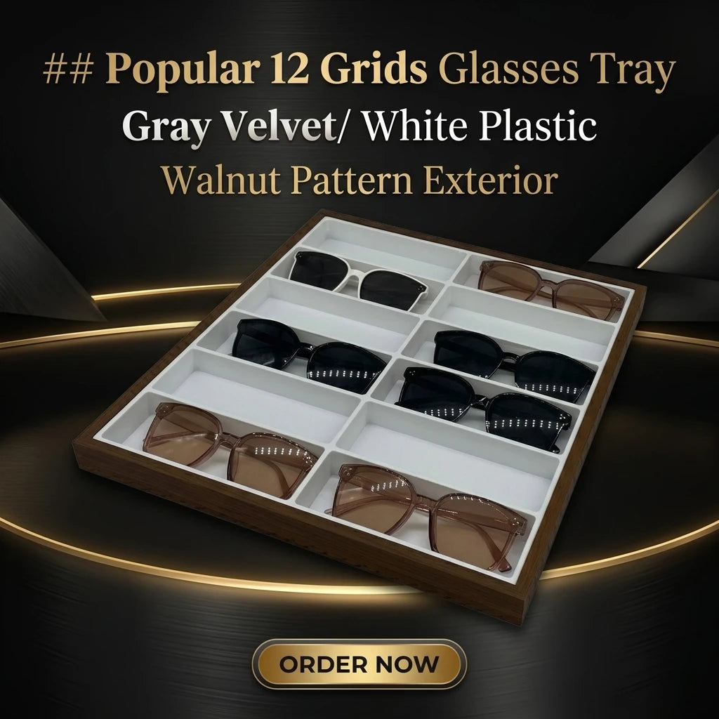 Luxury Walnut Wood 12-Slot Eyewear Tray With Premium Grey Sprayed Flocking or White Plastic Professional Sunglasses Organizer