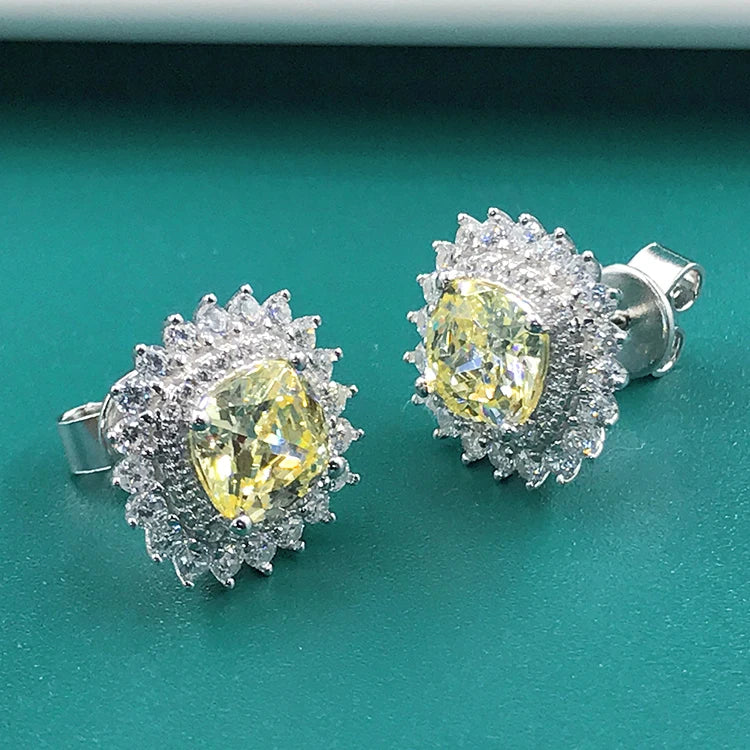 Snowflake Yellow Stone Stud Earrings Gift Jewelry Square CZ Cubic Zircon Earrings S925 Silver Flower Pave Zircon Stud Earrings