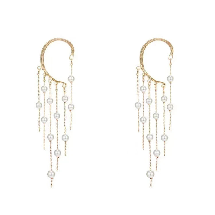 G1493 Wholesale Korean Hot Sale Jewelry Long Cuff  Earring Personality Without Ear Holes Ear Hanging Pearl Tassel Earrings