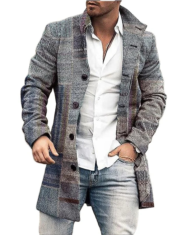 Wholesale Fashion Men's Mid-Length Trench Coat Casual Plaid Long-Sleeved Coat for Autumn Winter