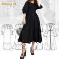 Clothing Manufacturers Custom Round Neck Women's Summer Dress Pleated Top Loose Long Skirt Short Sleeve Black Slim Casual Dress