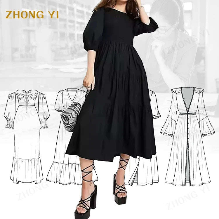 Clothing Manufacturers Custom Round Neck Women's Summer Dress Pleated Top Loose Long Skirt Short Sleeve Black Slim Casual Dress