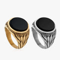 Wholesale Trendy Luxury Vitruvian Man Saint Christopher Ring Jewelry Gold Unique Design Natural Black Onyx Stone Ring for Men
