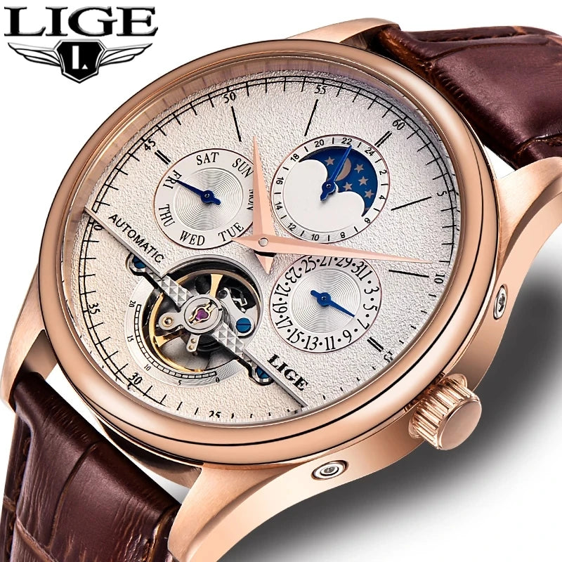 LIGE 6826 Men's Automatic Mechanical Watches Men Wrist Japan Tourbillon Caliber Genuine Leather Gift Watch Relogio Masculino