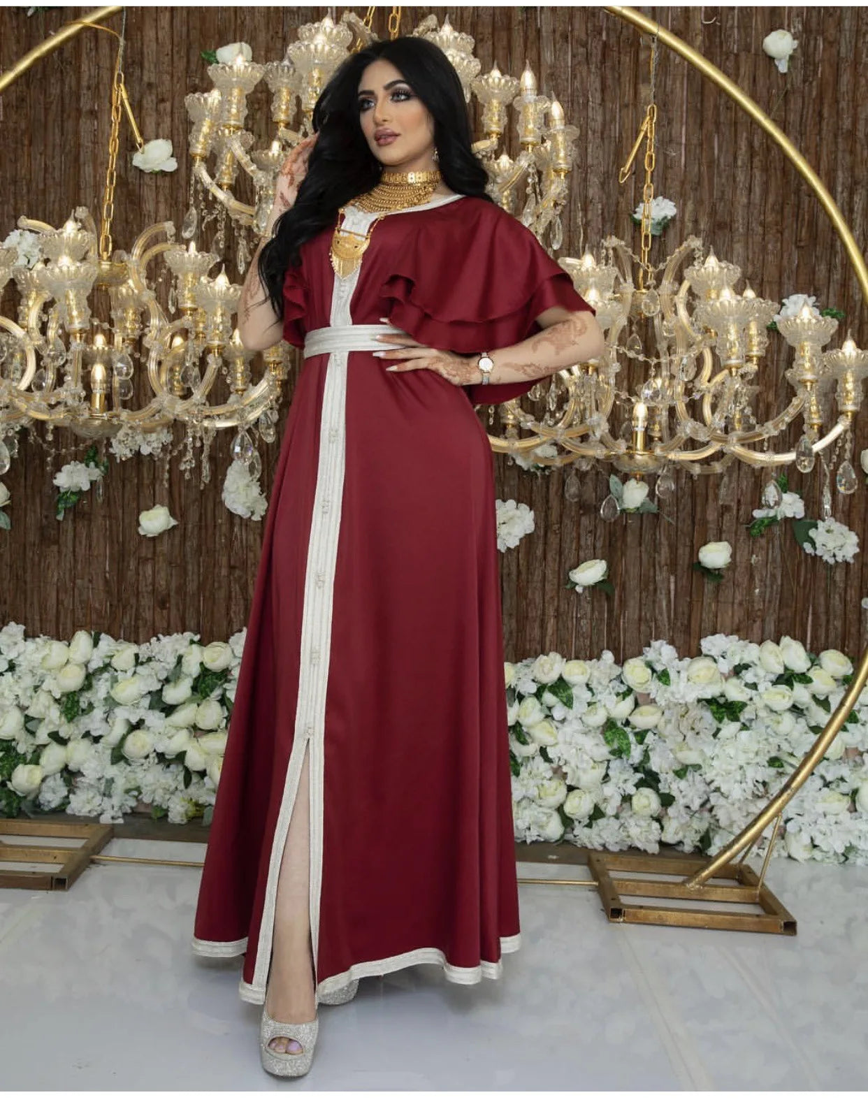 Muslim Women Dubai Jalabiya Lace Webbing Robe Lotus Leaf Sleeve Dress Muslim Arabian Dress Turkey Abaya