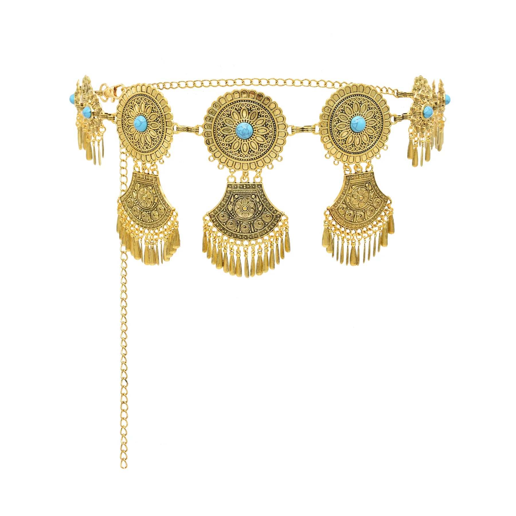 Vintage Gold Metal  Blue Beads Flower Belt Long Chain Waist Chain Gypsy Ethnic Body Jewelry Ethnic Waist Chains
