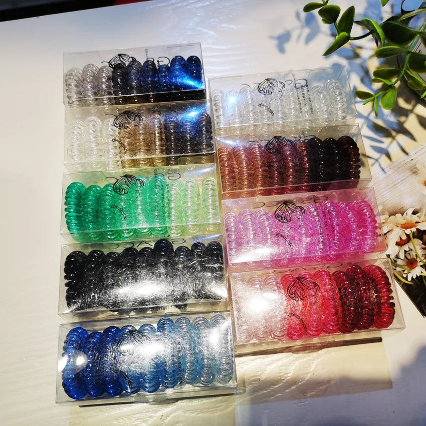 Korean Telephone Wire Hair Ring Candy Jelly Color Plastic 9pcs Per Box Telephone Line Hair Ties for Lady