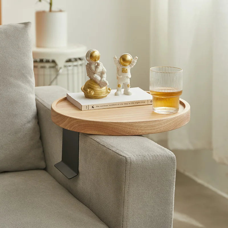 Sofa Table Couch Arm Tray Table Sofa Arm Clip Table Suitable Wood Sofa Armrest Round Tray for Home Drinks Fast Food Fruit