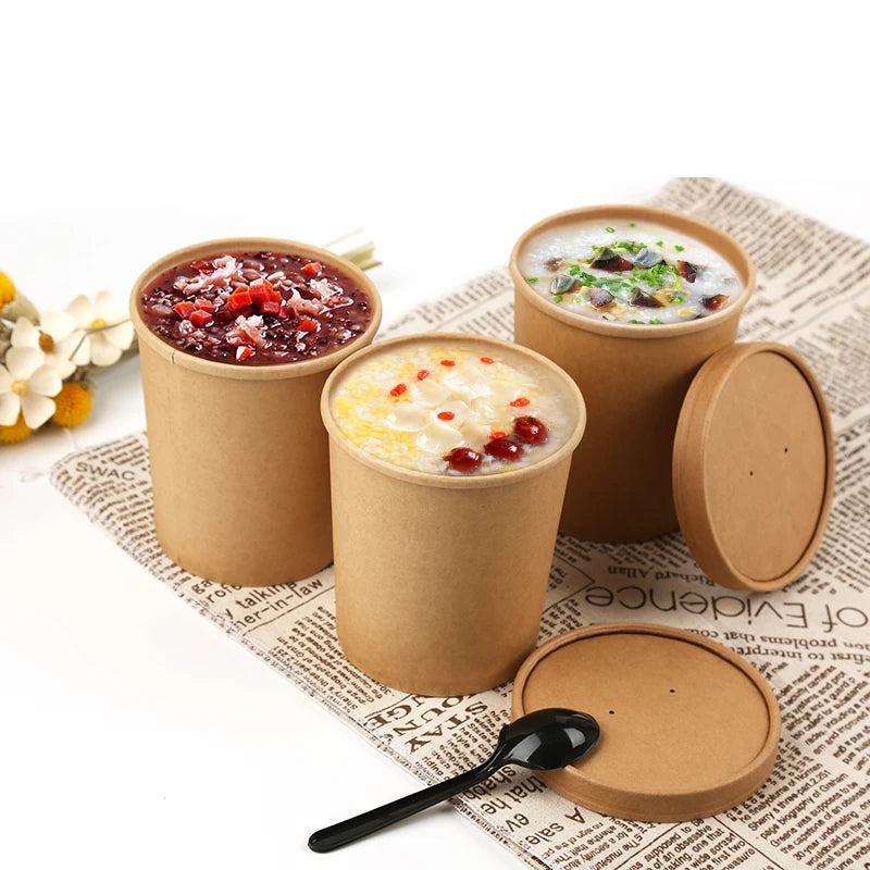 Customized Kraft Paper Bowl Soup Cups With Plastic Lid Boxes Container 32 Oz Factory Price