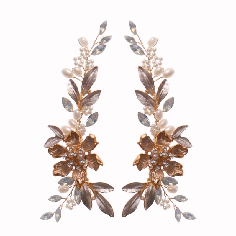 Trendy Bride Pearl Flower Hair Clips Rose Gold Leaf Hair Pins for Women