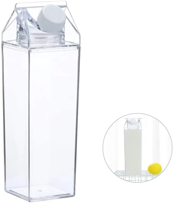 Fashionable 500ml and 1000ml Cute Sports Carton Shape Box Acrylic clear Milk Carton Water Bottle with Lid Wholesale