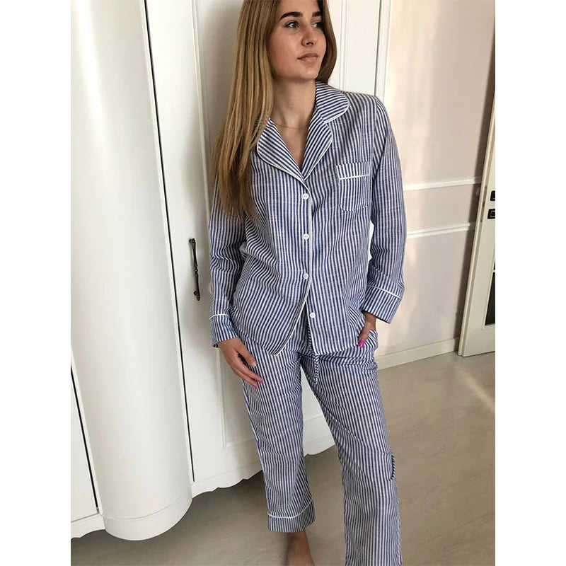 100% Organic Cotton Satin Pajama Set for Women Stripe Boho Shirts with Matching Sleepwear for Summer