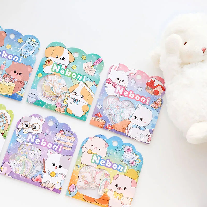 Nekoni Sticker Flake Decal Animal Little Kitty Pig Bunny Rabbit Bear Dog Paper Stickers Pink Purple Glitter Laser Decal Pack