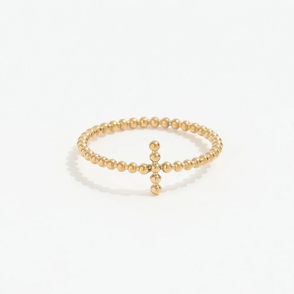 High End Pvd Gold Plated Tiny Dainty Cross  Bead Stainless Steel Rings for Women Trendy Jewelry Wholesale