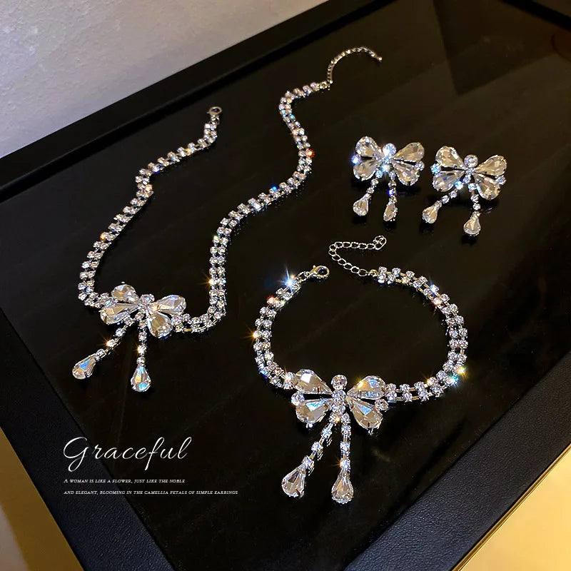 Personalized Diamond Necklace Set  Bow Necklace Earrings Bracelet Set  Full Diamond  Hawaiian Jewelry Necklace
