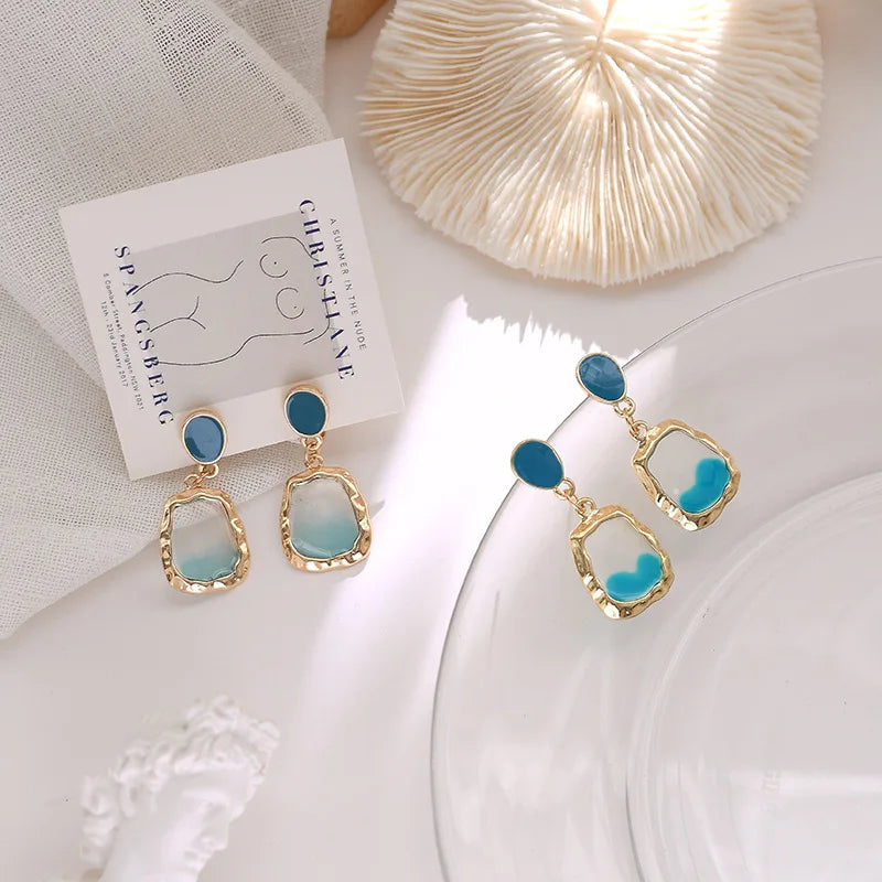 2023 New Korean Alloy Blue Silver Needle Earrings High-end Enamel Stud Earrings Without Pierced Ear Clips for Women