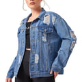 KY Button Front Ripped Women's Denim Jacket Ladies Jackets Plain Plus Size Lapel Drop Shoulder Long Sleeve Young Casual Spring