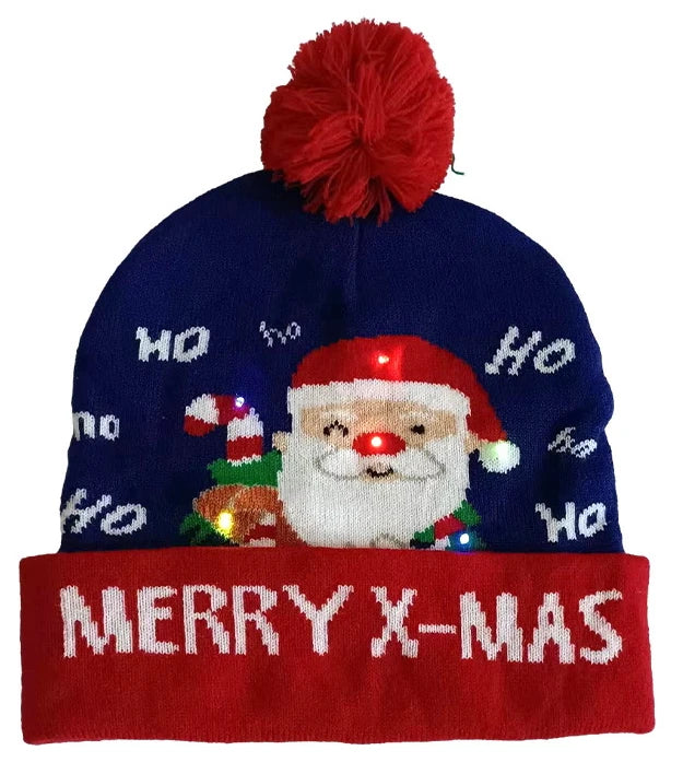 LED Christmas Light up Xmas Warm Pom Pom Cuff Beanie Knitted Cap Unisex Winter LED Hat Jacquard Beanie Santa Beanie