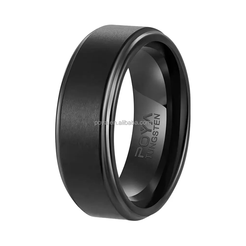 POYA 8mm Tungsten Wedding Ring Vintage Style Black Plated Stepped Edges for Engagement & Gift