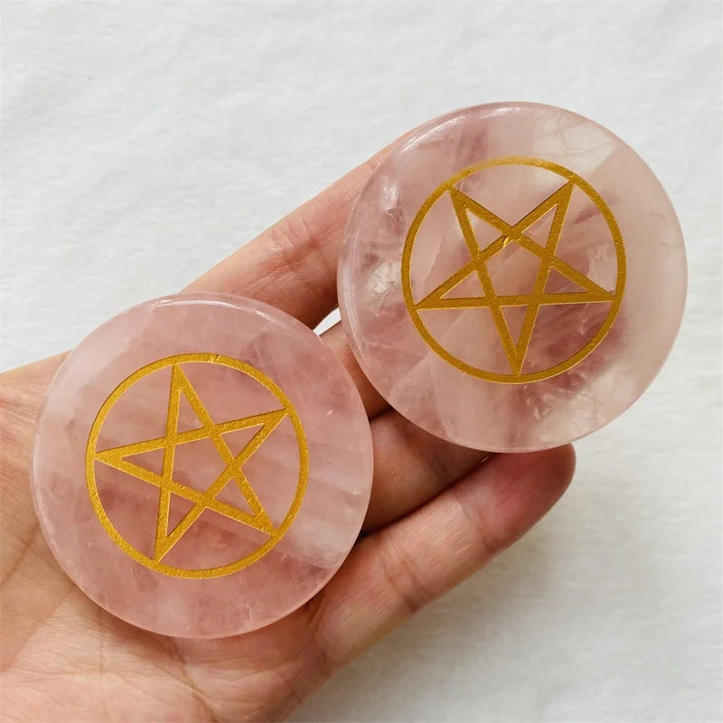Hot sale natural pink crystal stone carvings coasters rose quartz five-pointed star symbol round crystal cup coaster