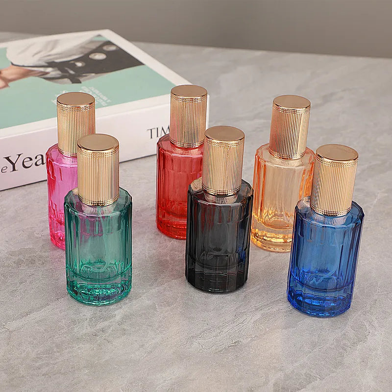 Luxury 30ml Perfume Glass Spray Bottle Colored Wholesale Empty Cylinder Glass Perfume Fragrance Bottles with Gold Cap