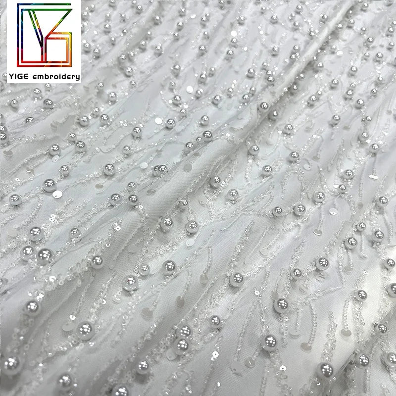 Top Quality Shiny Heavy Beaded Luxury White Hand Pearl Lace Fabric With Sequins Wedding Tulle Bridal Lace Dress Fabric