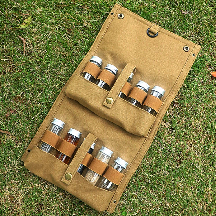 Bushcraft Spice Kit Camping Hiking Spice Case Seasoning Holder Canvas Spic-e Pouch Camping Utensils Spicing Jars Organizer Bag