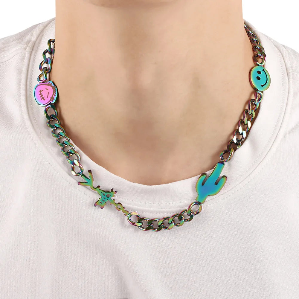Fashion Metal Alloy Jewel Hip Hop Men rainbow Necklace Colors