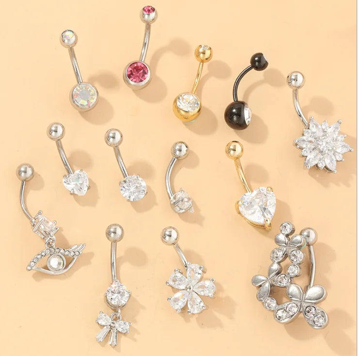 Fashion Hot Sexy Double Zircon Anti Allergy Simple Crystal Lounger Titanium Earrings Bow Nail Belly Button Rings Navel Piercing