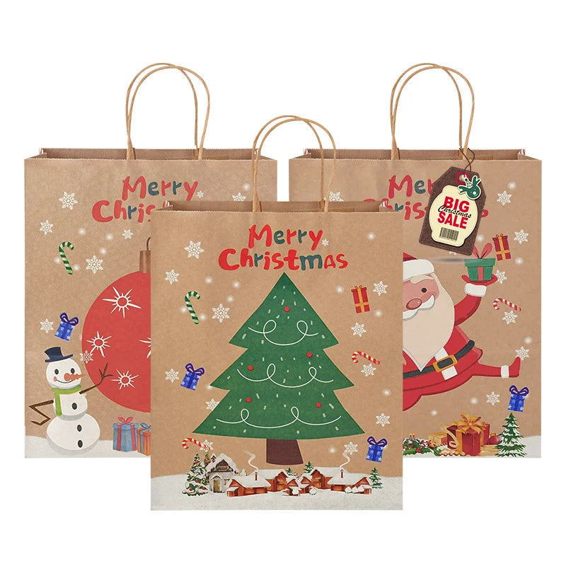 Merry Christmas Kraft Paper Bag Santa Claus Snack Clothing Gift Bags With Handles Xmas Present Storage Bag Party Supplies
