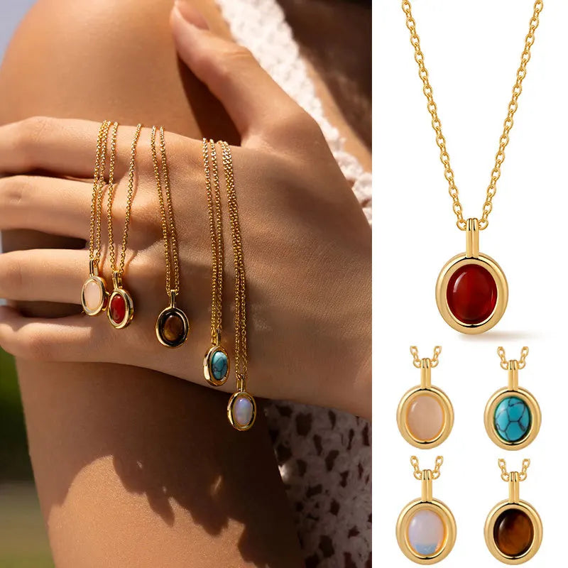 Retro Light Luxury Temperament Turquoise Natural Stone Tiger's Eye Brass Pendant Necklace for Women