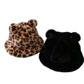 Autumn and Winter Fashion Mickey Ear Leopard Print Plush Bucket Hat Cute Warm Ladies Cap for Daily Party Fishing