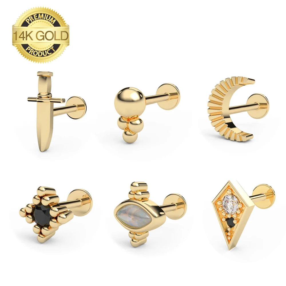 Lotus Wholesale 9K 14K 18K Solid Real Gold Internal Thread Screw Labret Helix Tragus Earrings Stud Fine Piercing Jewelry 16G
