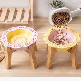 Tall Wooden Frame Pet Dog Cat Bowl Feeder with Rounded Anti-Black Ceramic Base Plastic Cat Dog Food Basin for Water Serving