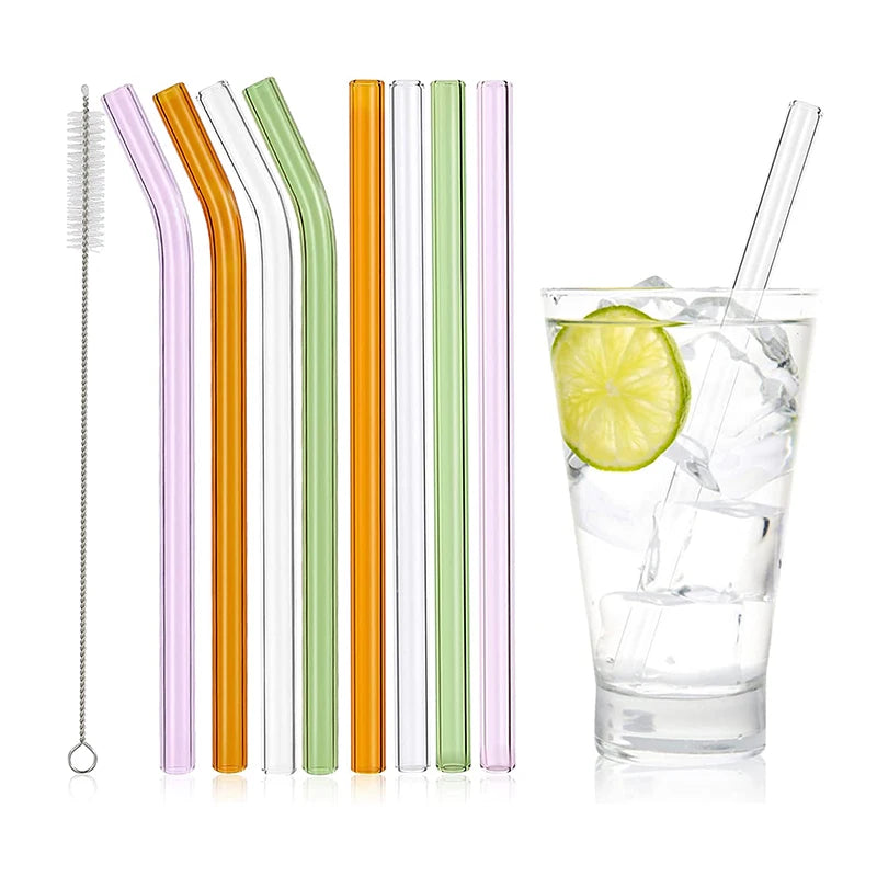 4 Pcs Straight Bent Colored Reusable Transparent Glass Smoothie Straws Bar Accessories for Tea Juice Minimum Order 10 Pcs