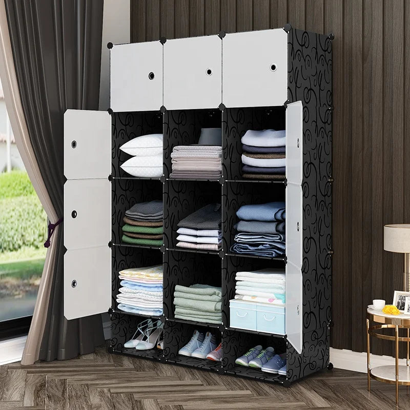 Modern Black Portable DIY Plastic Wardrobe Freestanding Easy-to-Assemble Storage Cabinet with Lockable Feature Foldable Design