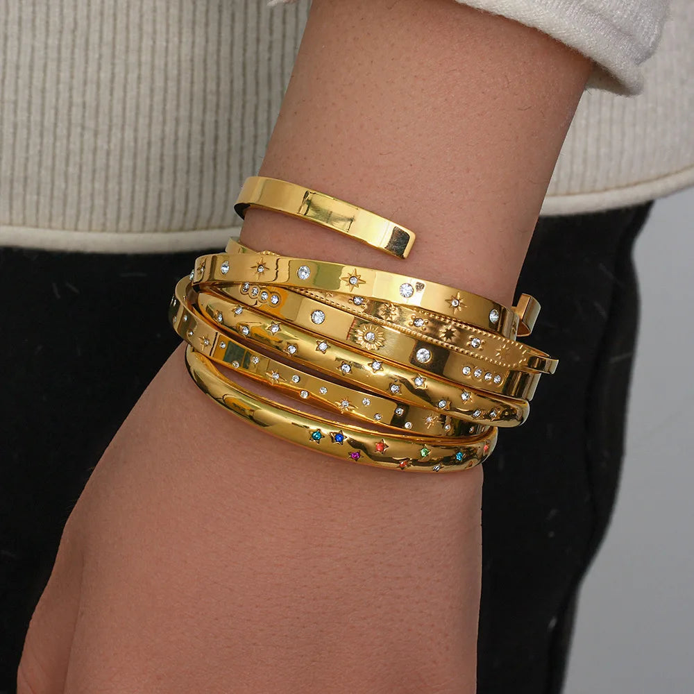 Wholesale Fashion Jewelry Luxury Round Zircon Open Bracelet Five Pointed Star Stainless Steel Bangles