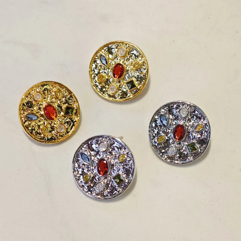 Ilona Gold & Silver Plated Copper Multi-Color Round Statement Earrings Hammered Textured Vintage Gemstone Studs Boho Jewelry