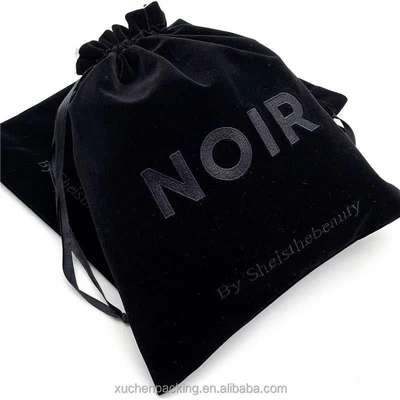 Customized Embroidery Velvet Wig Packaging Bag With Satin Inside Hair Bundles Velvet Dust Bag