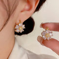 Elegant Korean Fashion Micro-Paved Zircon Double-Sided Flower-Shape Hoop Earrings Trendy and Versatile Copper Brincos
