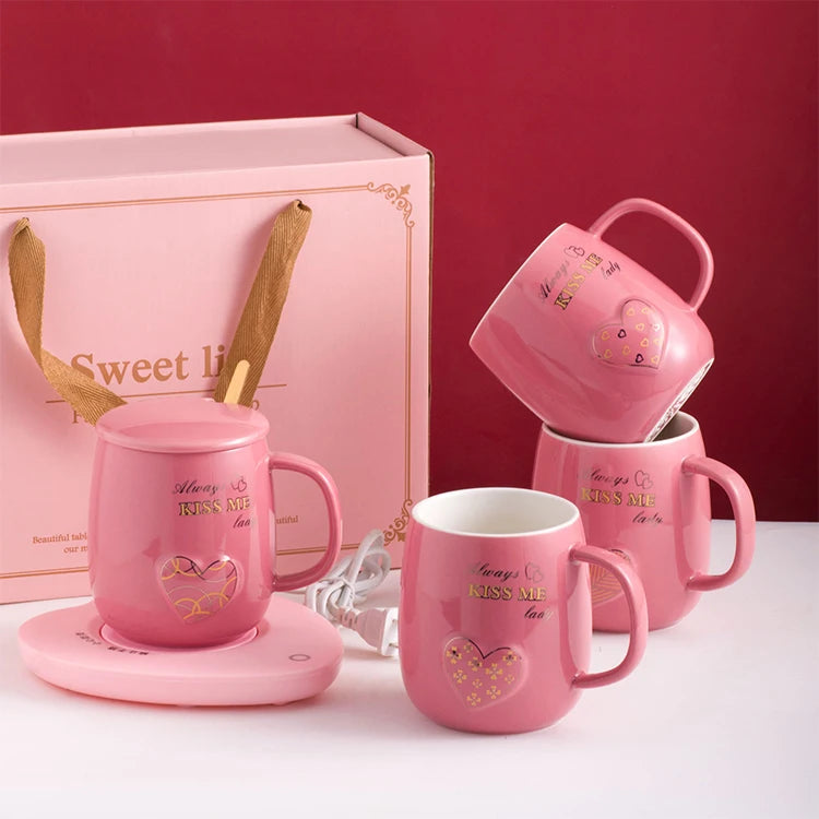 Popular 55 Degrees Constant Warm Ceramic Coffee Mug Gift Box pink Girl love Heart Porcelain Tea Cup Smart Vacuum Flask Mother's