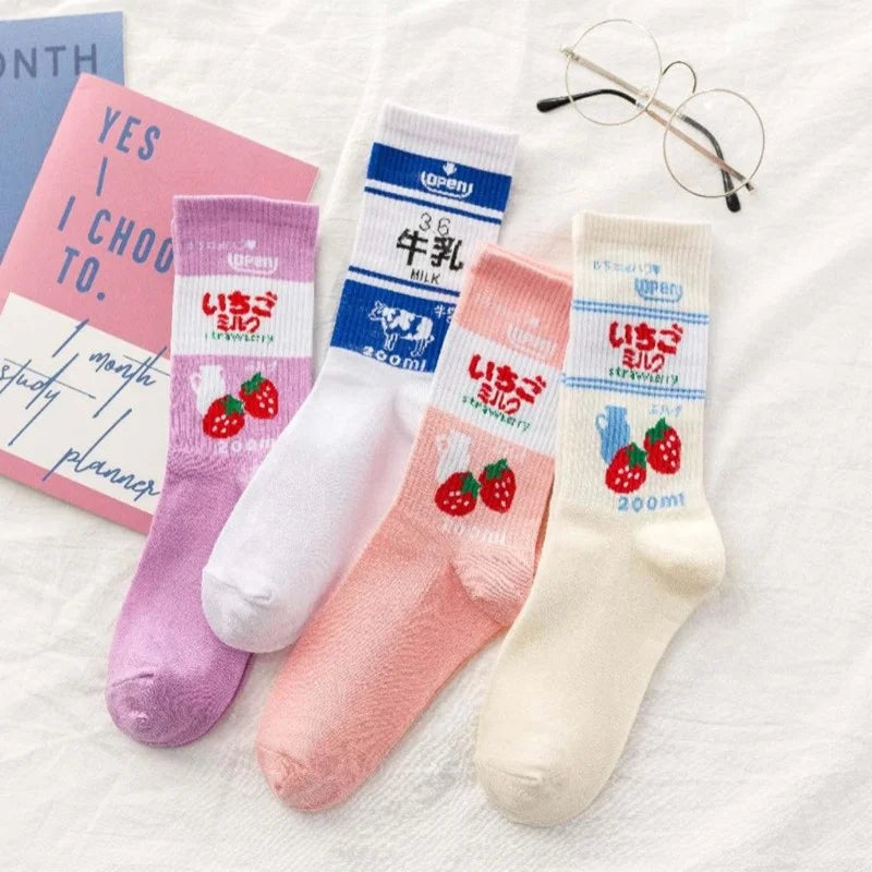 Wholesale Korean Strawberry Graphic Socks Fashion Kawaii Ribbed Cotton Crew Socks for Women