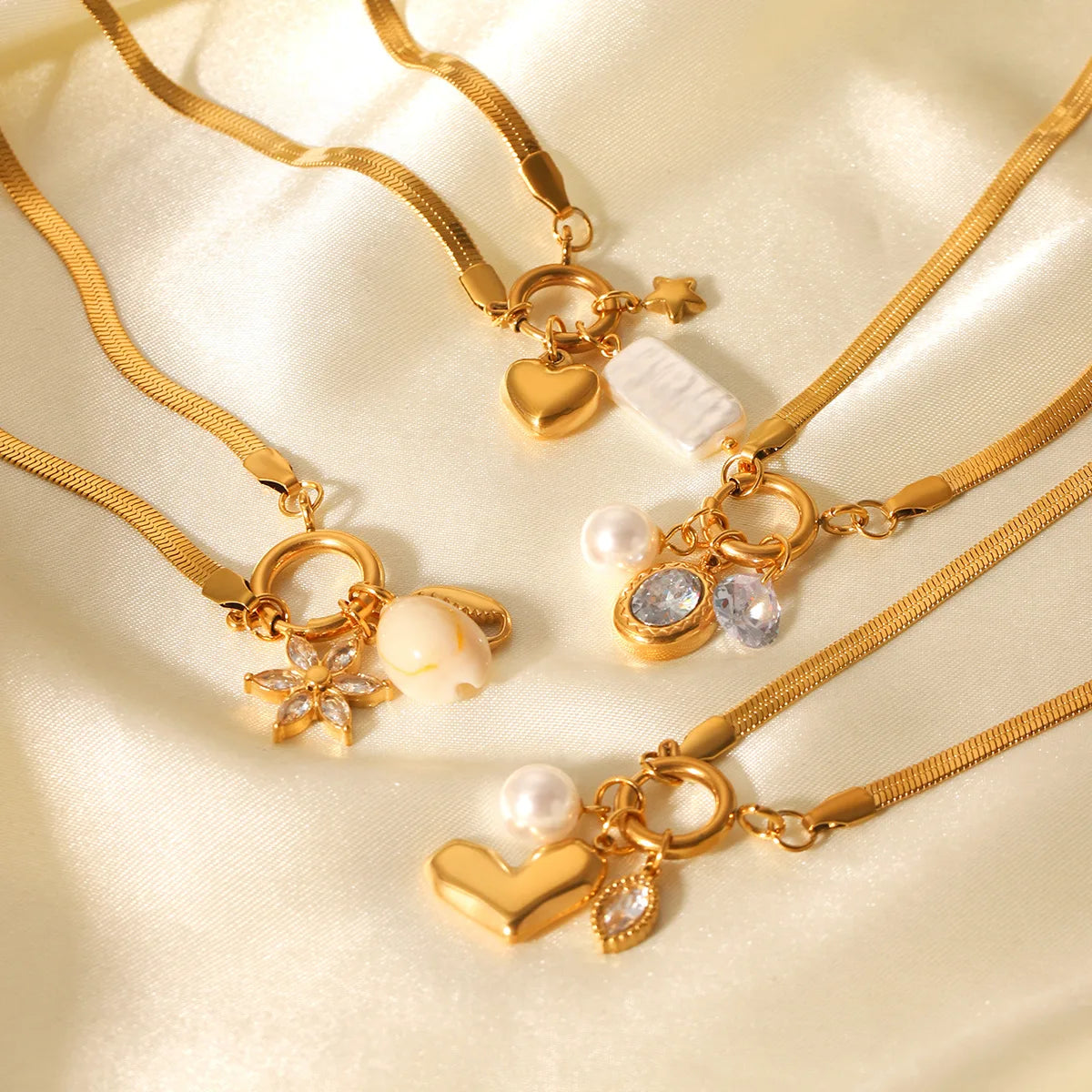 Fashion 18k Gold Plated Snap Buckle DIY Jewelry Stainless Steel Blade Chain Zircon Heart Pendant Necklace