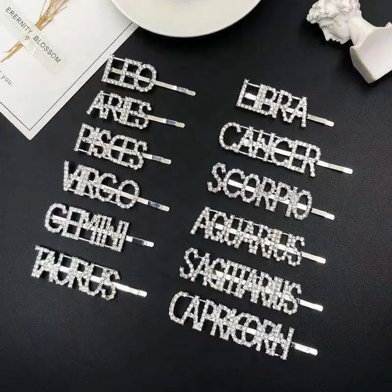 Wholesale Rhinestone 12 Zodiac Letter Hair Pins Wedding Crystal Bridal Styling Barrette Bobby Pins Rhinestone Paved Hair Clips