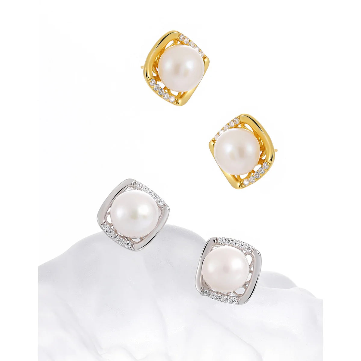 2024 New 925 Sterling Silver Fancy Square Zircon Pearl Charm Stud Earrings for Girls