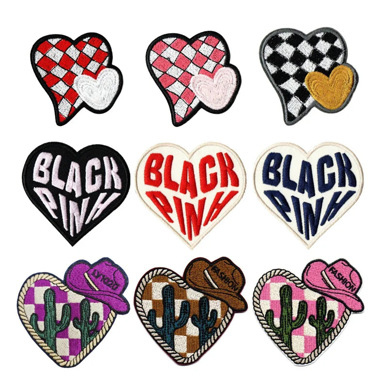 New Hot Iron on Embroidered  Checkered Heart Black Pinh Patch for Hat Hoodies Decoration