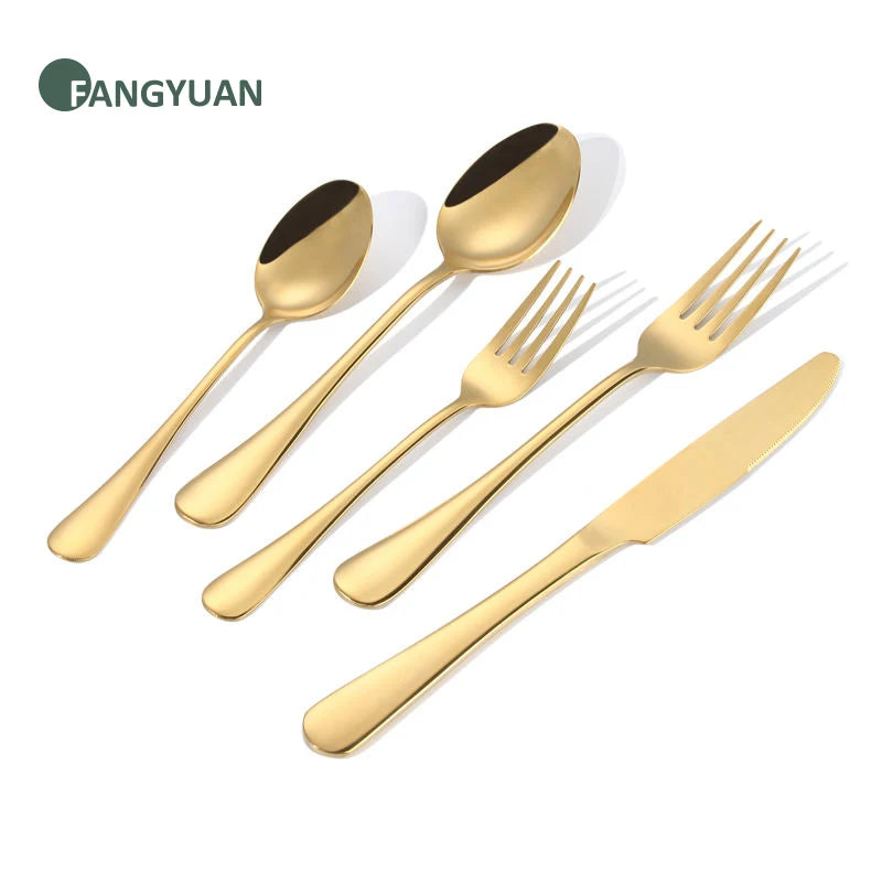 FANGYUAN Classic Luxury Hotel Steel Gold Soup Spoons Teaspoon Mirror Spoon and Fork Set Stainless Cuttlery Flatware