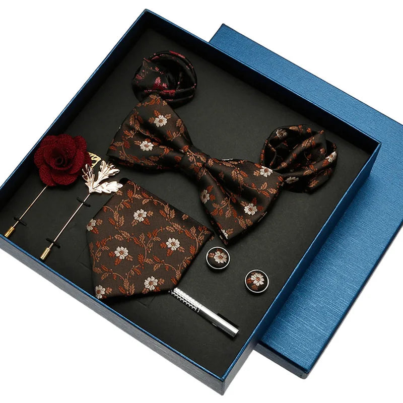 Men's Jacquard Necktie Set Gift Box Floral Silk Polyester Wedding Ties Bowtie Hanky Brooches Cufflinks Tie Clip Business Party